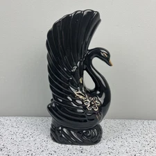 Vintage Mid Century Art Deco Ceramic Black & Gold Swan Vase 10"