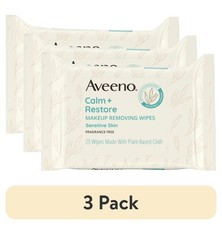  3 pack Aveeno Calm  Restore Unscented Makeup Remover Facial Wipes, 25 Count