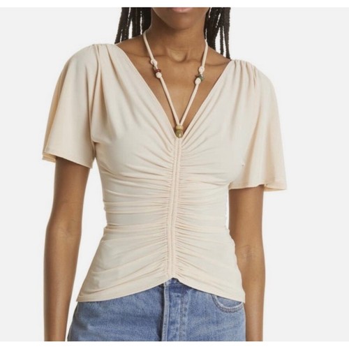 New ALC Top Nina Ruched Boho Off White Cream Semi Precious Gems Women Small