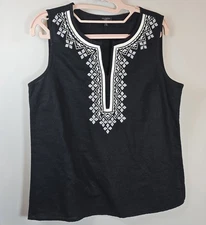 Talbots Linen Blend Black Shirt Sleeveless Embroidered Geometric Blouse Size 6P