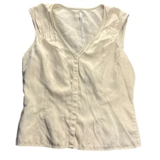 Max Studio Womens Beige V-Neck Sleeveless Top M Snap Closure Lightweight Silk Bl
