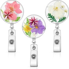 Flower Badge Reel 3 PCS Retractable Holder Dried Floral Resin ID Nurse Clip