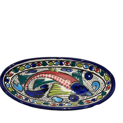Vintage Tunesisches Fisch Motiv Handbemalt Keramik Oval Servierplatte Schale KLEIN