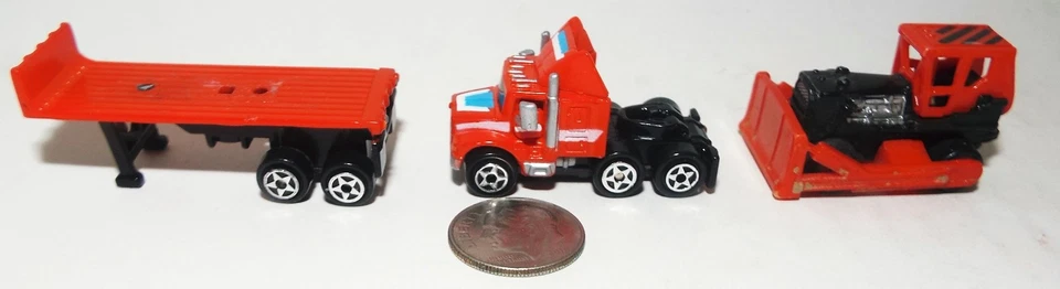 Small Micro Machine Semi Flat Bed Truck  in Red with a Buldozer - Image 4 of 4