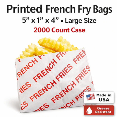 French Fry Bags 5''x 1'' x 4'' Printed Red Grease Resistant Paper 2000/Case USA