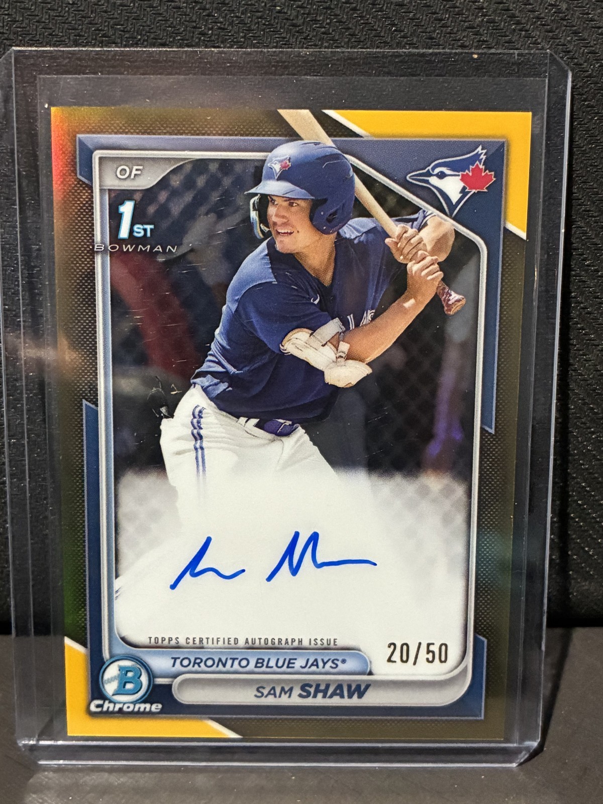 2024 Bowman Chrome Sam Shaw Auto Gold Refractor 1st Prospect #/50 Blue Jays