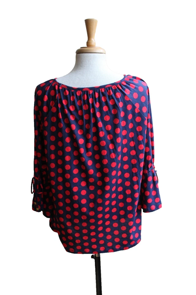 Top columpio para mujer Michael Kors GRANDE azul rojo lunares manga campana 3/4 caprichoso Foto 2 de 3