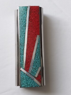 Vintage 60s CIGARETTE CASE HAND CRAFTED JACKET ABALONE SHELLS AND TURQUOISE  - 3