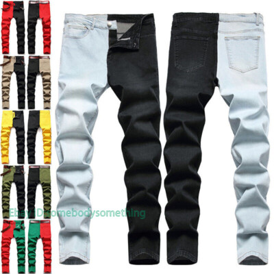 Mens Two Tone Splice Denim Pants Multi Colors Jeans Trousers