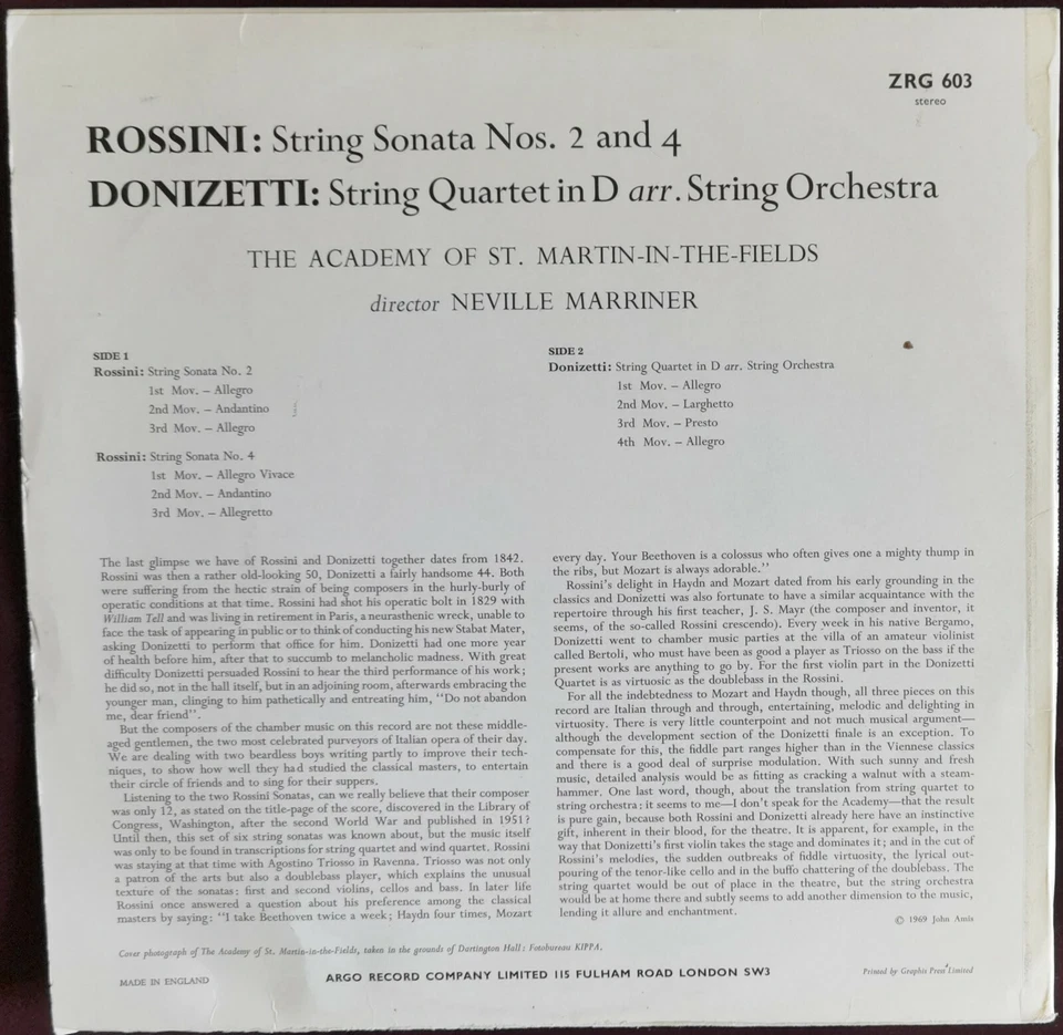 Rare Audiophile Marriner Rossini String Sonatas LP Argo ZRG 603 Oval UK ED1 - Image 2 of 2