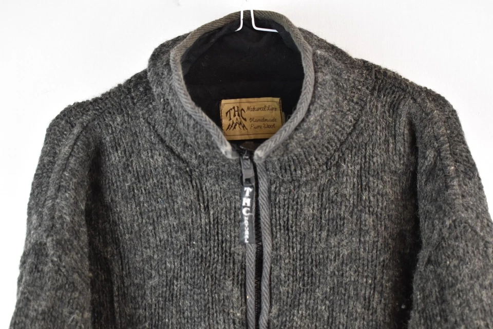 THC NATURAL Grey Puren Wool Handmade Jumper size 56" Mens Full Zip Vintage - Image 2 of 4