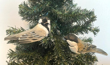 2 Chickadee Bird clip-on Christmas ornaments, hand carved  painted wood, NWT