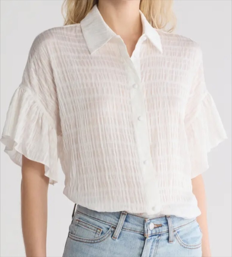 Alice Olivia Edyth Ruffle Button Up Shirt Womens S Off White Short 