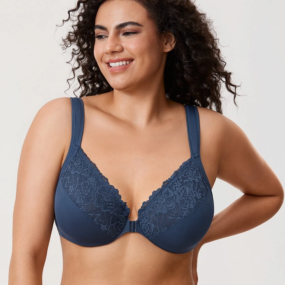 DELIMIRA Women's Front Closure Bras Plus Size Lace Full Coverage