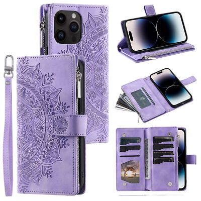 Embossed Totem Flower Zipper Wallet Phone Case For iPhone 16 15 14 Pro Max
