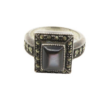 925 Sterling Silver Vintage Abalone Shell  Marcasite Band Ring Sz 6 RG15519