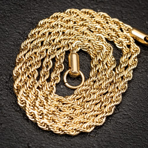 Solid Yellow Gold Plated Heavy 316 Stainless Steel 3MM Twist Rope Chain Necklace - Picture 2 of 6
