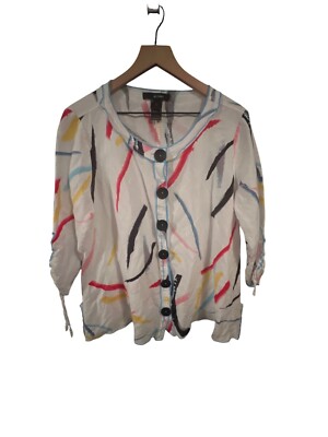 Ali Miles Womens Button-Up Abstract Print Linen/Rayon Blouse L