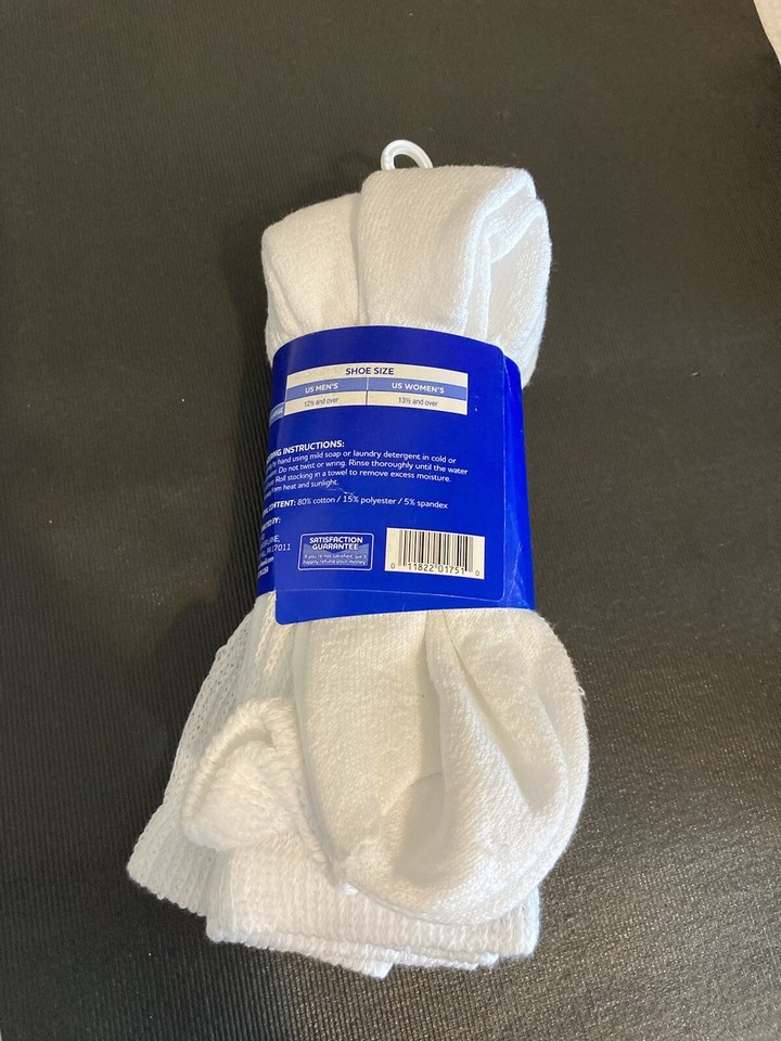 New 3 Pair Diabetic Crew Socks White Loose Fit Top XL Size 1315 USA