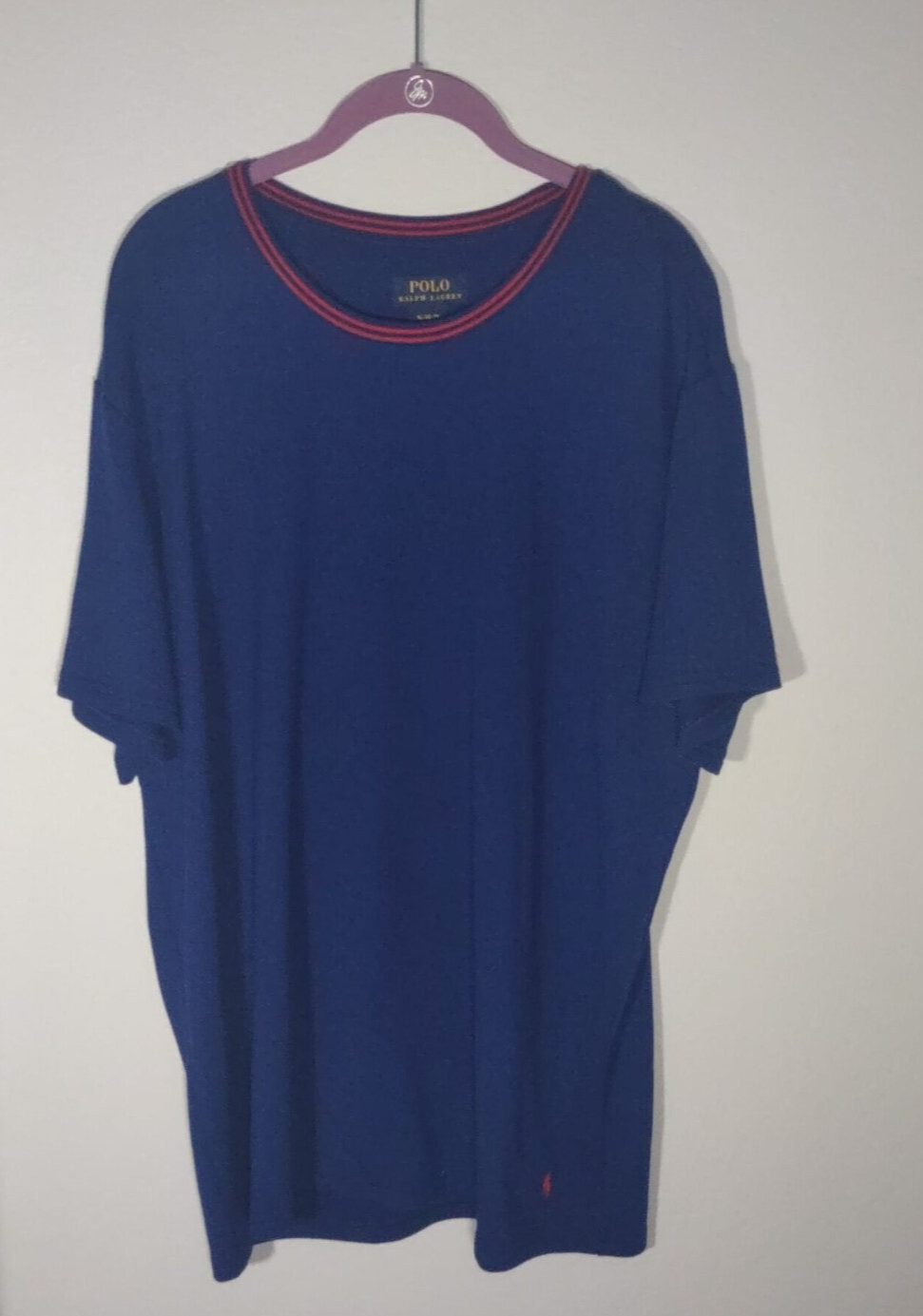 PONY Polo Ralph Lauren uomo blu navy con anelli rossi maglietta maglia morbida XL con frangia rossa