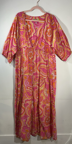 Acros Iris Maxi Dress Size: XL Trina Turk Long Pink 100% Cotton Paisley Pattern - Picture 2 of 14
