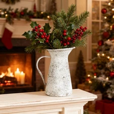 Vintage Distressed White Metal Pitcher Vase, Rustic Farmhouse Jug with Handle...