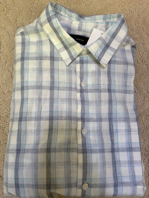 NWT Mens Vince Polyester-Linen Light Blue Plaid Button-up Dress Shirt Small S