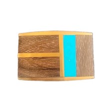 SST Belt Buckle Vintage Brass Wood Inlay Turquoise Mountain Western 70 80 Cowboy