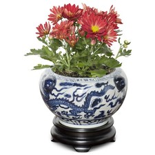 US Seller - Blue and White Porcelain Double Dragon Asian Planter