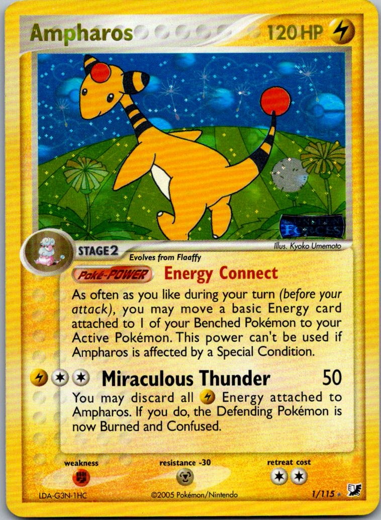 Ampharos Holo Rare Unseen Forces 1/115 NM - Reverse Holo Stamped