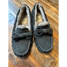 UGG Dakota Studded Bling Bow Black Suede Moccasin Slippers Shearling Women Sz 7