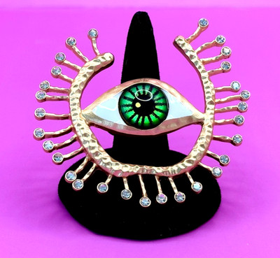 Gold Tone & Rhinestones Acrylic Green Eye Adjustable Fashion Ring Contemporary