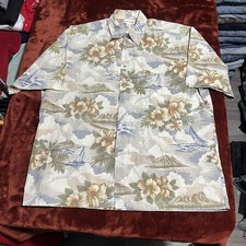 Vintage Pierre Cardin Shirt Mens Large Beige Blue Hawaiian Aloha Floral Sailboat