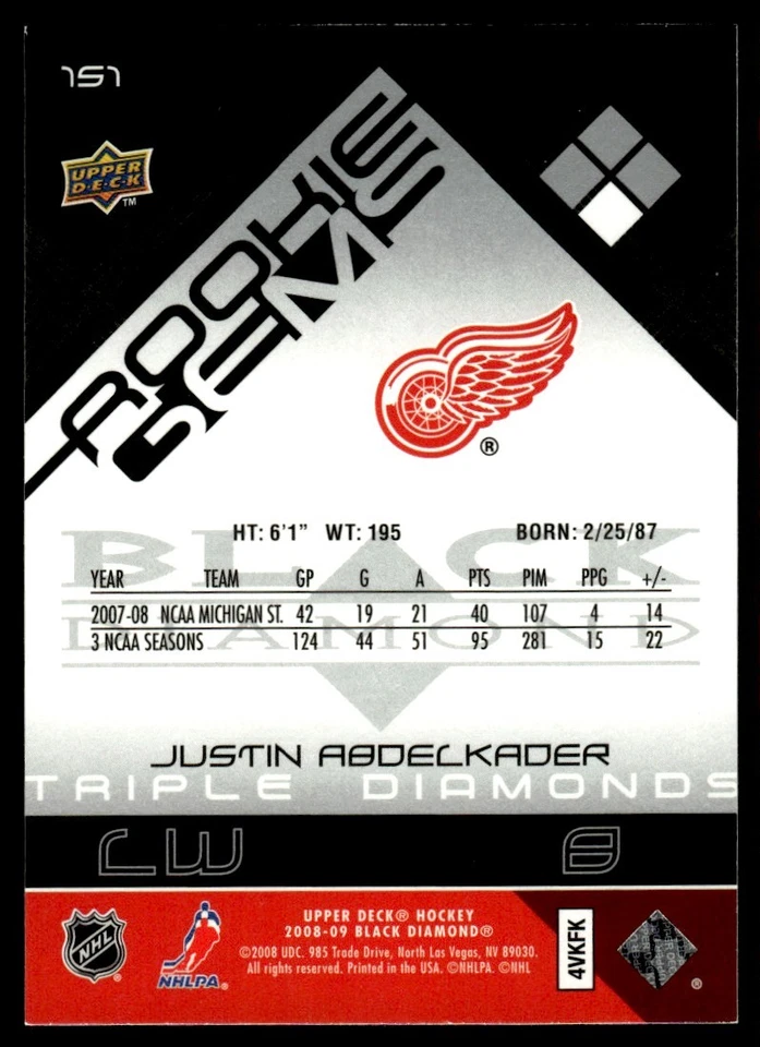 2008-09 Upper Deck Black Diamond Justin Abdelkader Rookie Detroit Red Wings #211 - Image 2 of 2