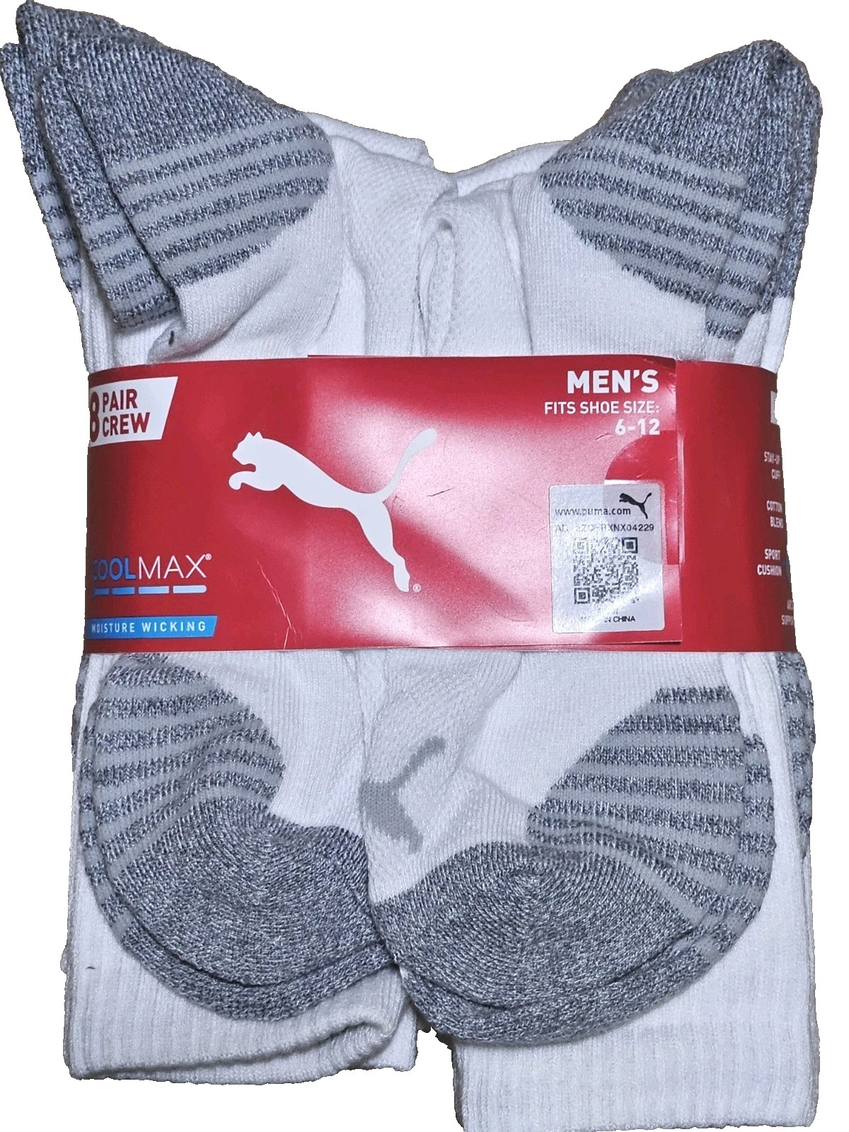 NWT Puma Men's Athletic Moisture Wicking Cool Max Crew Socks 8 - Pair Size 6-12 thumbnail 6