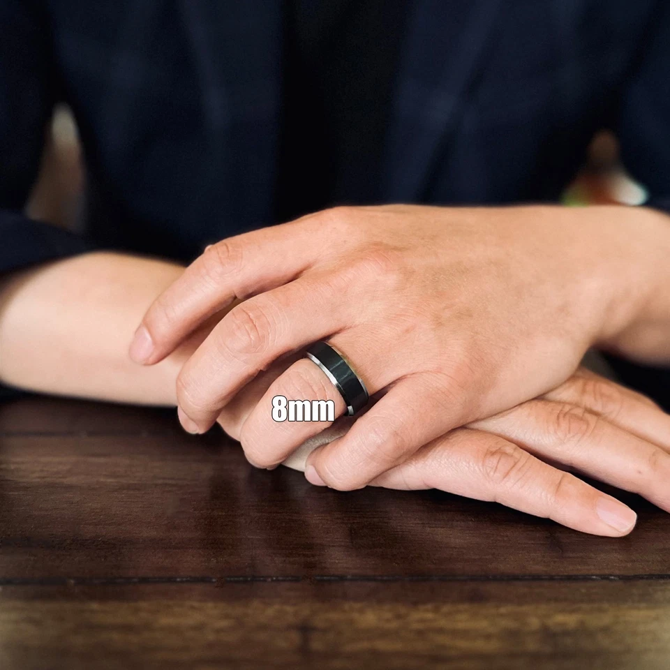 Anillo de alianza de boda de 6/8 mm de carburo de tungsteno para hombre y mujer negro cepillado borde plateado Foto 3 de 4