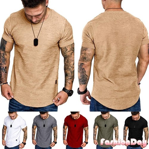 Mens Summer T Shirt Muscle Top Gym V Neck Plain Slim Fit Short Sleeve Tee Shirts