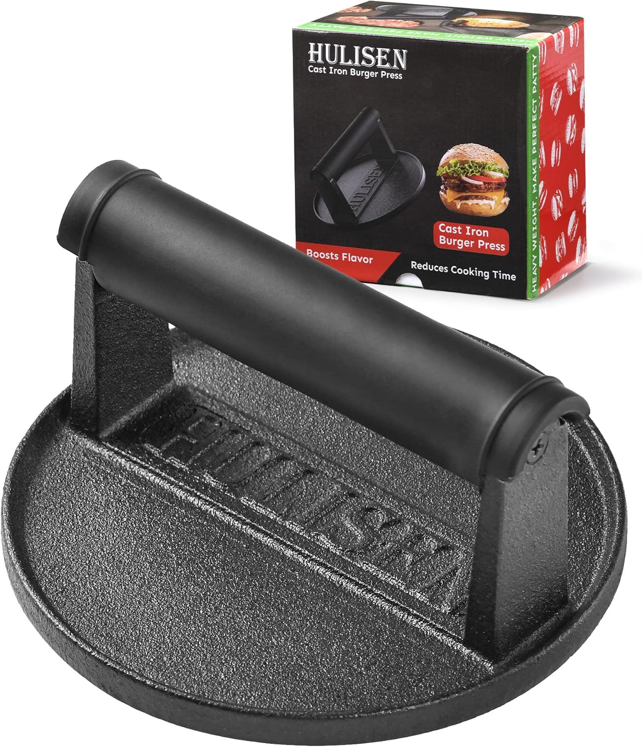 Pre-Seasoned Cast Iron Burger Press, Heavy Duty Burger Smasher for Griddle with