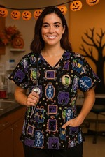 SB Scrubs Halloween Print Top L Witch Skeleton Cat Bat Pumpkin Nurse Shirt