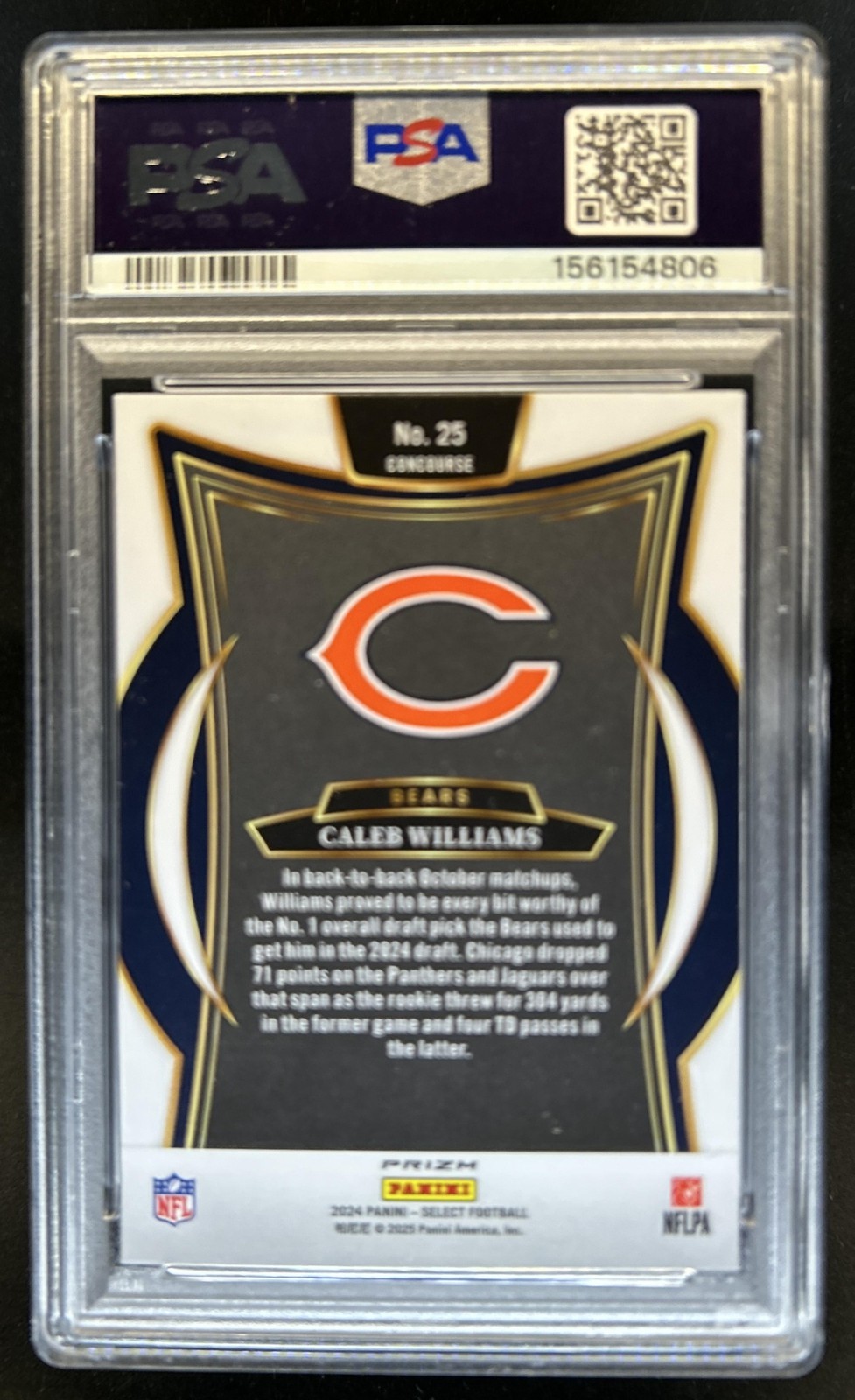 2024 Select Caleb Williams Concourse Black and Red Prizm Shock RC #25 PSA 10 view 2