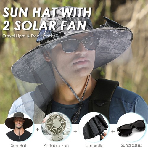 Outdoor Fishing Wide Brim Sun Hat with 2 Solar Fan Men Women Summer Bucket Hats - Picture 3 of 15