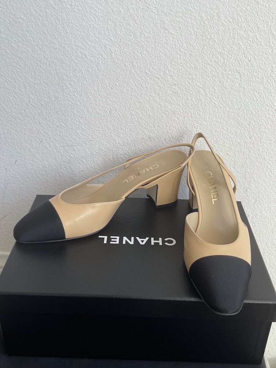 Chanel Cap-Toe Slingback Pumps in Goatskin & Grosgrain/Beige