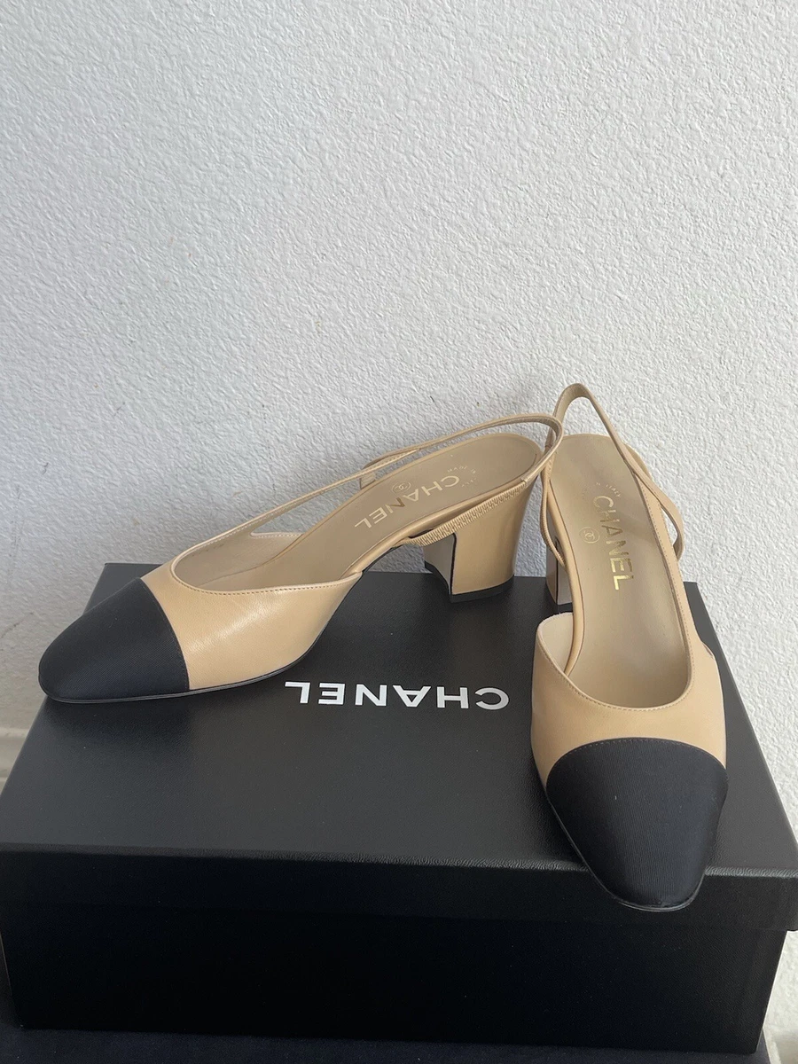 Ella - Leather Block heels,two-tone pumps,beige with Black shoes,pointed Toe slingback,closed Toe slingback,black Toe Shoes,Women Shoes