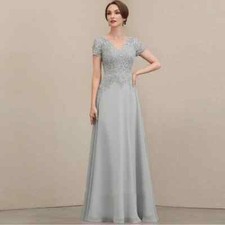 Short Sleeve Mother of Bride Dresses Appliques Zipper Back Chiffon Party Gowns