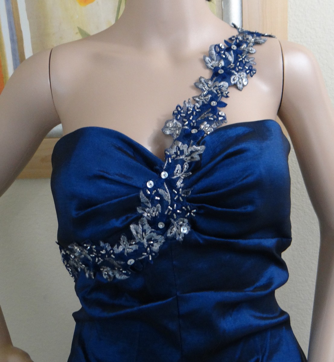 XSCAPE sapphire blue 1 floral bead lace shoulder gathered taffeta dress,10-DEFEC  | eBay