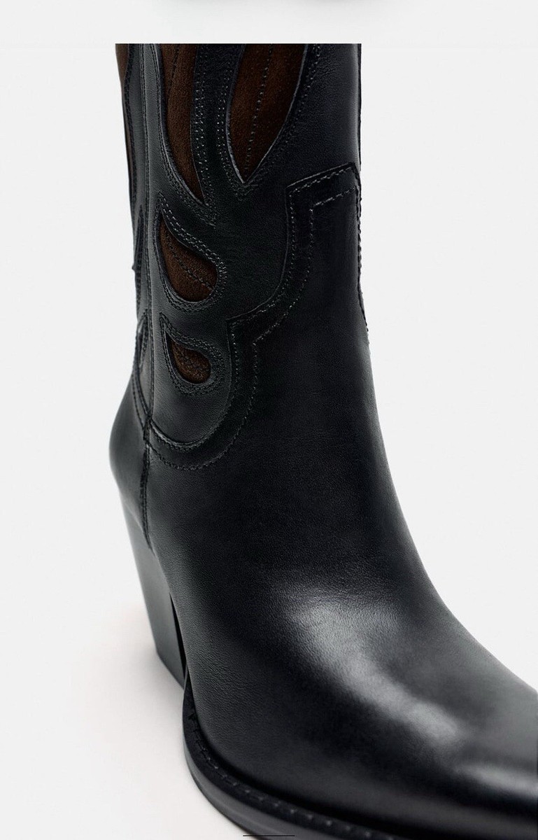 ZARA BLACK LEATHER COWBOY WESTERN ANKLE BOOTS New UK EU39 BNWT