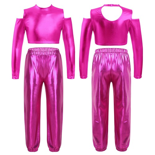 Kids Girls Shirt And Trousers Set Jazz Sweatsuit Holiday Crop Top With Pants - Picture 10 of 33