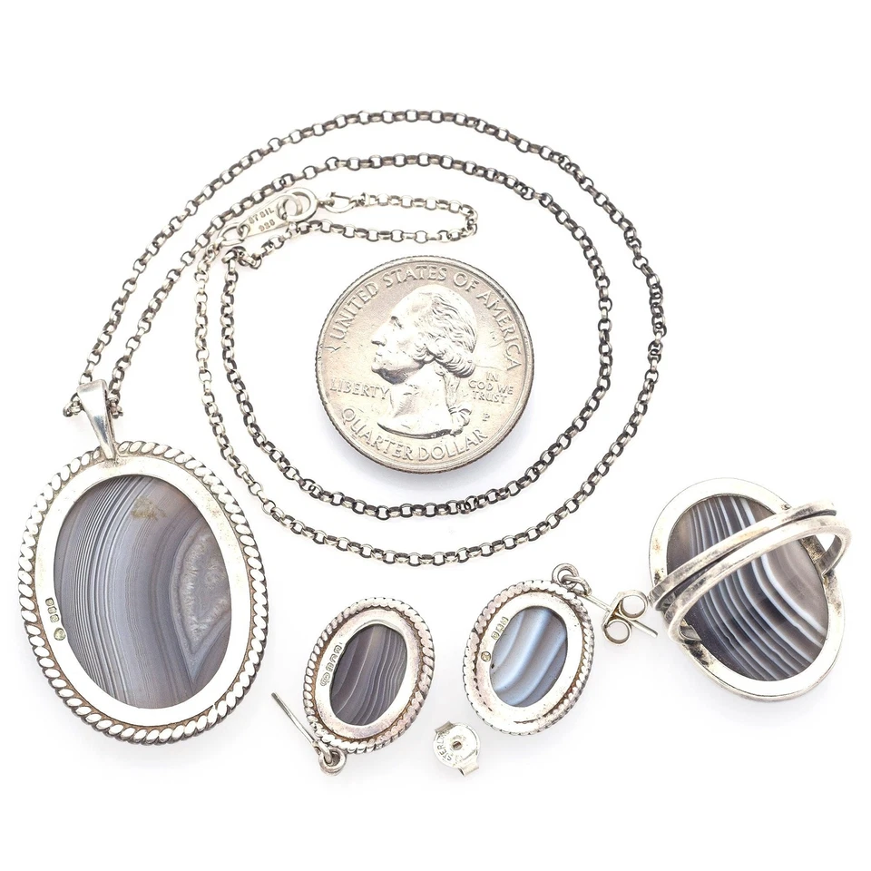 Juego de collar, anillo y pendientes colgantes de ágata de encaje de plata de ley vintage Foto 3 de 4