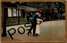 1909 ROLLAR SKATING romantic couple, poem "Round and round..." . postcard jj130