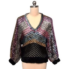 Vintage All Over Sequin Disco Queen Top Open Knit Dolman Rainbow Women  s Sz 8